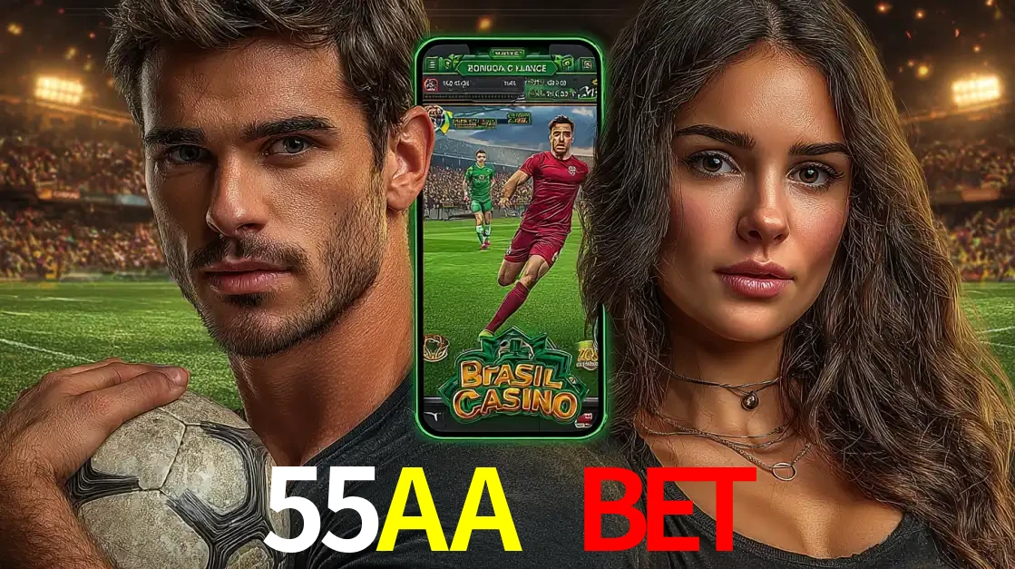 Homem segurando uma bola de futebol e uma mulher ao lado de um smartphone exibindo o jogo de apostas esportivas da 55AA BET. Faça seu palpite no cassino online.